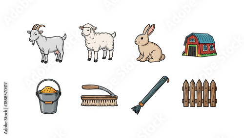 Colorful farm animal and equipment icons for agricultural themes