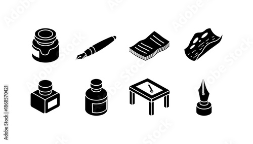 Elegant silhouette icons of writing tools and materials in black and white