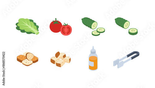 Fresh salad ingredients in isometric style with vegetables and kitchen utensils