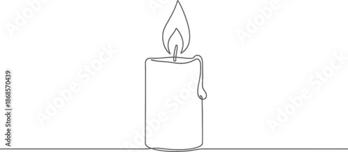 Candle with melting wax and burning flame on white background