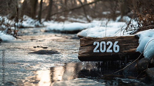 Frozen stream with a log marked 2026 in winter