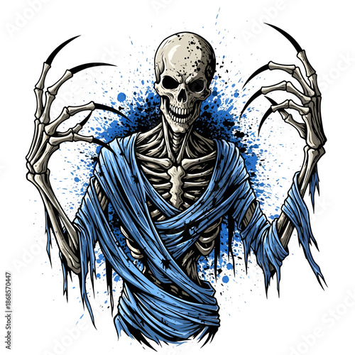 Blue Skeleton Zombie with Tattered Robe in Eerie Pose.
