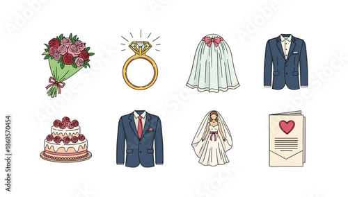 Elegant wedding elements set: bouquet, ring, dress, suit, cake, card