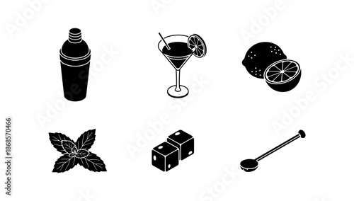 Cocktail essentials: silhouette icons of shaker, glass, citrus, mint, dice, and stirrer