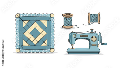 Vintage sewing machine with patchwork quilt and thread spools in retro design