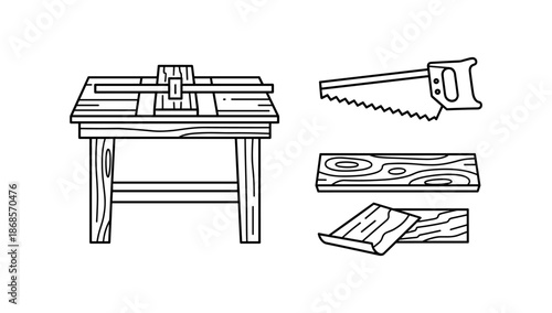 Woodworking tools and materials: linear style workbench, saw, lumber