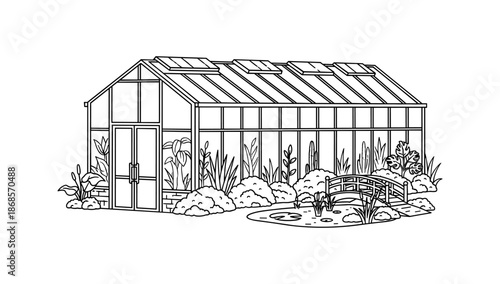 Charming greenhouse with lush garden and tranquil pond in linear style
