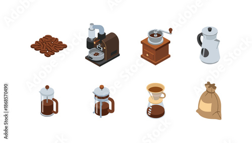 Coffee brewing icons set featuring various tools and equipment in isometric style