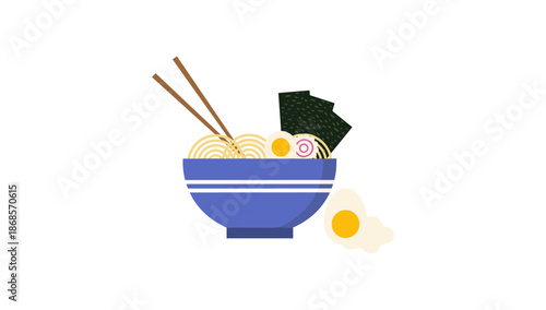 Delicious ramen bowl with chopsticks, seaweed, and egg in minimalist flat design