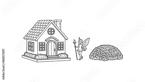 Charming cottage and fairy in minimalist line art