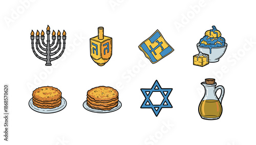 Hanukkah symbols and traditions: menorah, dreidel, star, latkes, oil, sufganiyot, gifts