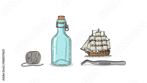 Nautical craft elements: bottle, thread, ship, and tweezers on white background