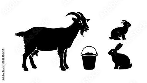 Farm animal silhouettes featuring goat, rabbit, and bucket on white background