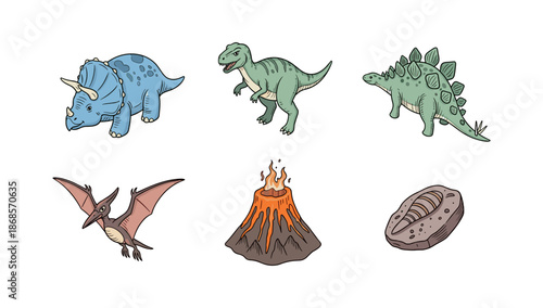 Colorful dinosaurs and prehistoric elements in cartoon style for educational designs