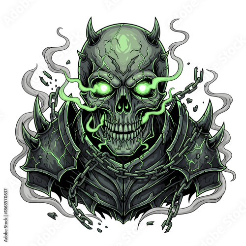 Demonic skull wearing armored helmet with green glow.