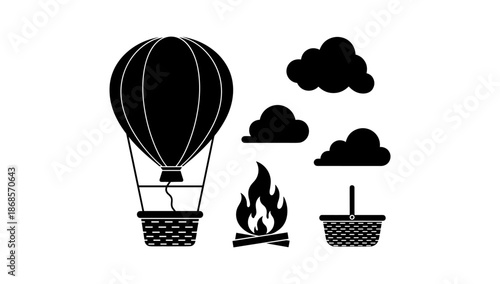 Silhouette hot air balloon and elements set with clouds and fire