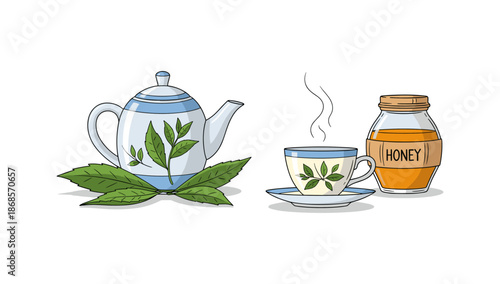 Tea time essentials with teapot, steaming cup, and honey jar