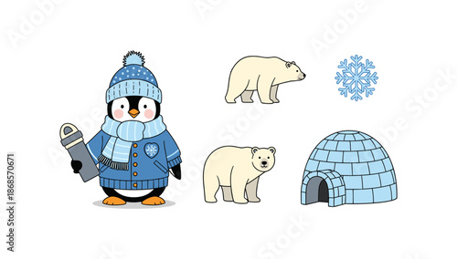 Cute winter animals in cozy outfits with igloo and snowflakes