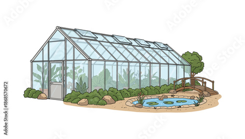 Tranquil garden greenhouse with pond and bridge in detailed cartoon style