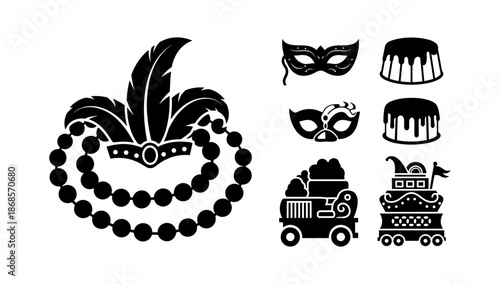 Carnival celebration: masks, floats, beads, and festive desserts in black silhouette style