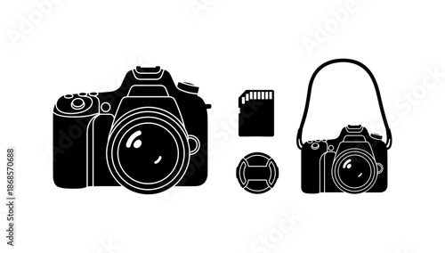Silhouette photography equipment set: camera, lens, memory card