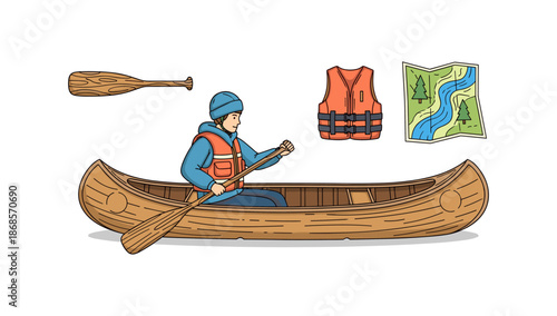 Adventure canoeing: cartoon style with canoe, paddle, life vest, and map elements