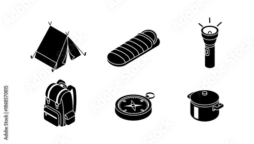 Outdoor camping gear icons: tent, sleeping bag, flashlight, backpack, compass, cooking pot