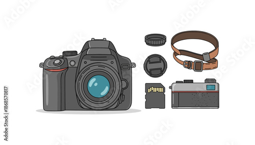 Modern camera and accessories set with dslr and retro design style elements