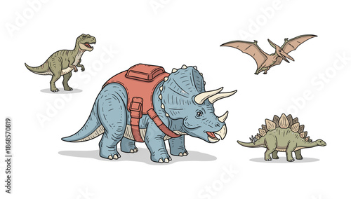 Dinosaur safari adventure with monsters in vintage cartoon style