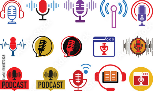 Microphone and headphones icon set.Audio voice recognition, recording voice message sign, speech podcast mic symbol.