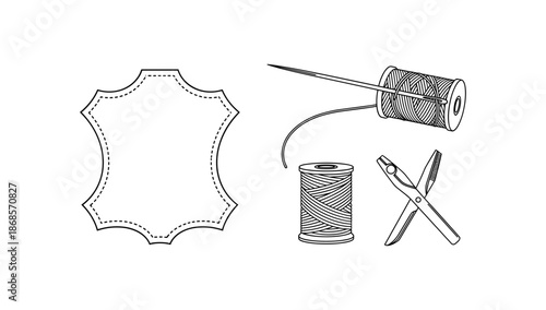 Crafting essentials outline: thread, needles, and scissors in minimalist style