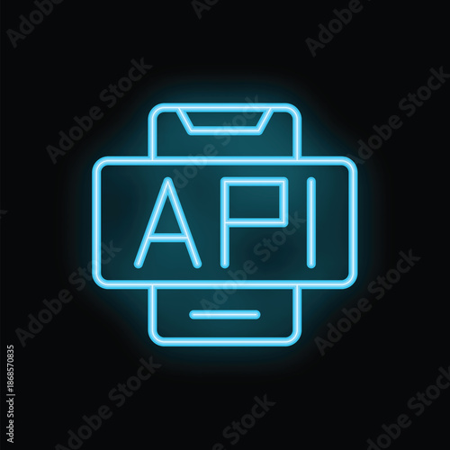 Glowing neon blue icon of the acronym api for application programming interface is hovering over a smartphone