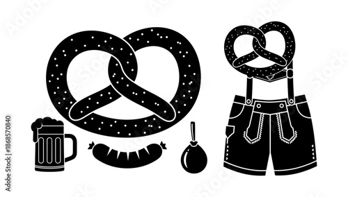 Silhouette oktoberfest set with pretzels, lederhosen, and beer mug
