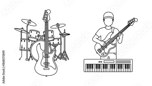 Musical instruments and musician outline: guitar, drum set, keyboard, bass player