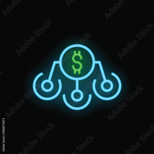 Glowing neon icon represents a decentralized finance system, highlighting the concept of money distribution