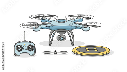 Remote controlled drone with camera and landing pad in flat style design
