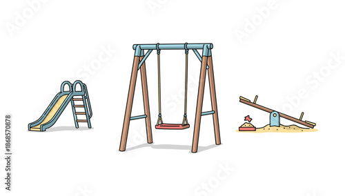 Playground equipment collection: swings, slide, and see-saw cartoon set