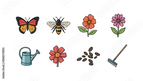 Gardening and pollination icons featuring flowers, bee, butterfly, and tools