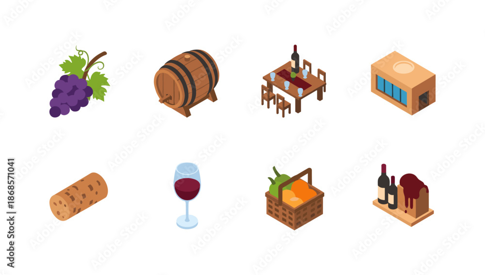 Naklejka premium Wine and winery elements: isometric barrel, grapes, cork, and more