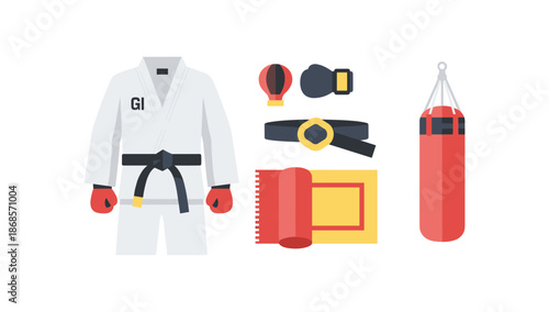 Martial arts equipment set with gi, gloves, belt, and punching bag in flat design
