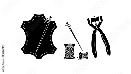 Silhouette of leatherworking tools: needle, thread, and stitching accessories