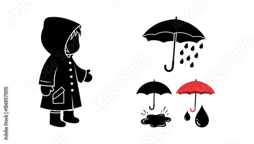Silhouette child in raincoat with umbrellas and raindrops icon set