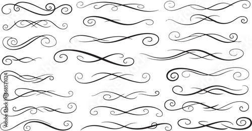 Vector swirl lines with swash and flourish underlines. Hand drawn swooshes and elegant calligraphic curved dividers on white background.eps