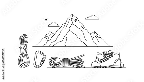 Linear mountain adventure gear with climbing essentials and alpine landscape