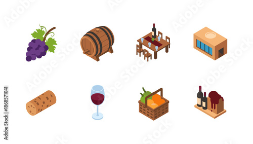 Wine and winery elements: isometric barrel, grapes, cork, and more