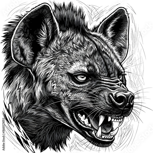 Intense snarling wolf head portrait close up.