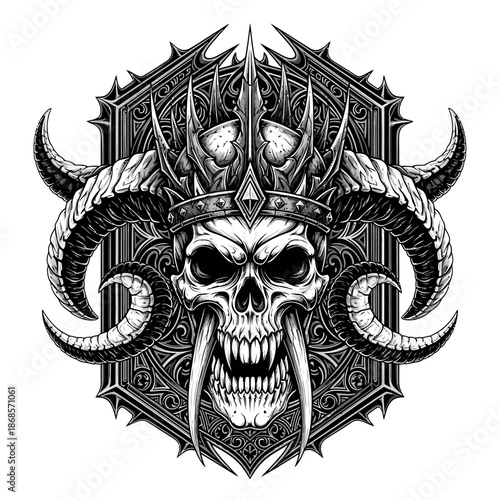 Intricate Horned Skull Emblem With Gothic Design.