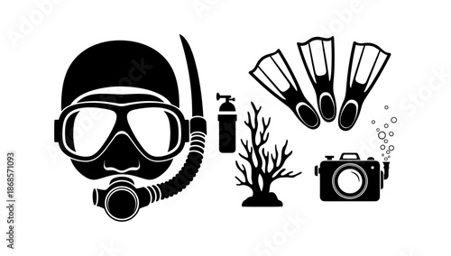 Scuba diving gear and underwater elements silhouette collection
