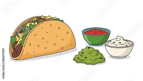 Delicious taco with fresh guacamole, salsa, and sour cream accompaniments