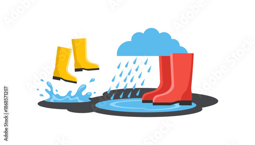 Rain boots splashing in puddle with cloud and raindrops in flat design